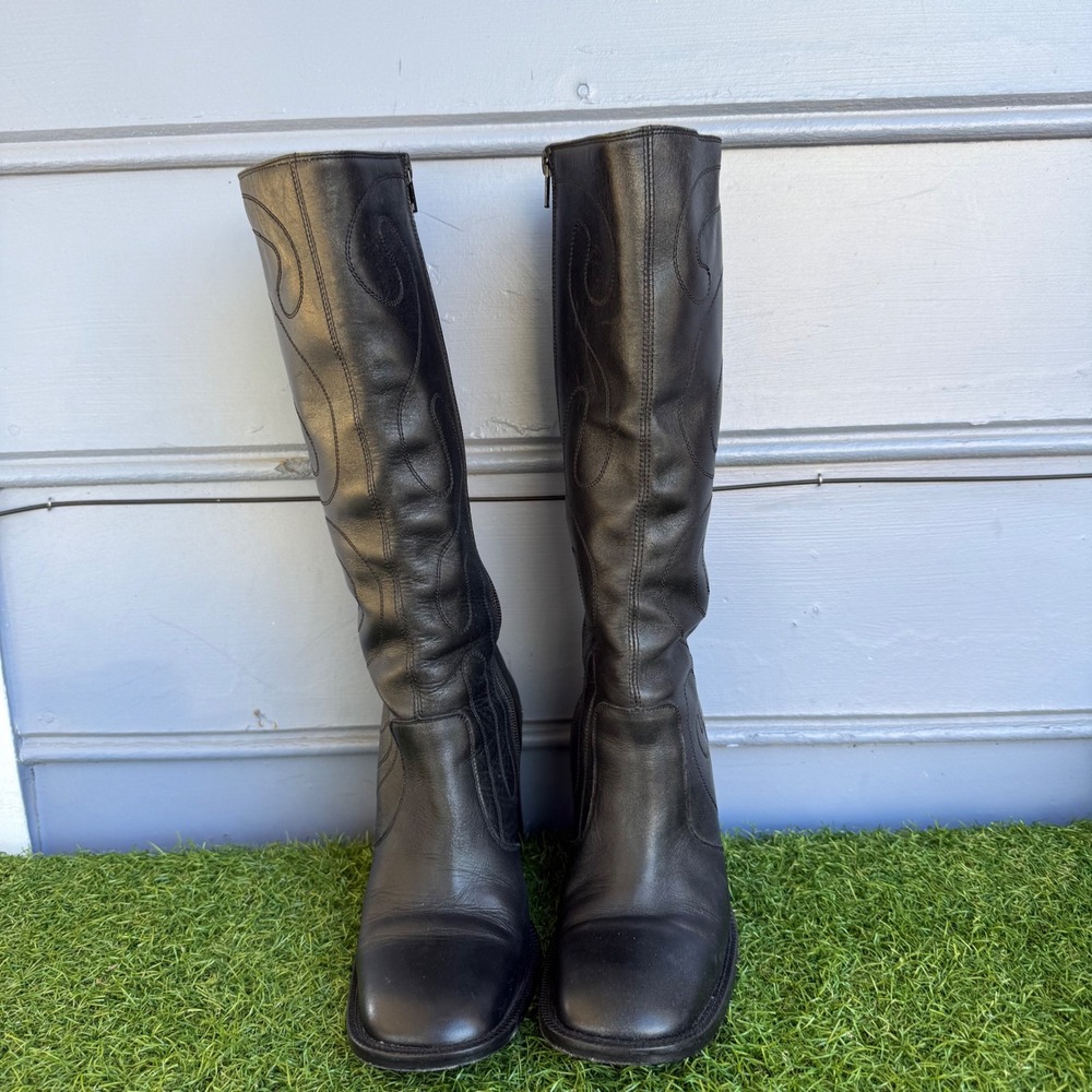 Vtg 1970s Frye Conrad Black Leather Square Toe Embroidered Tall Western Boots 9B